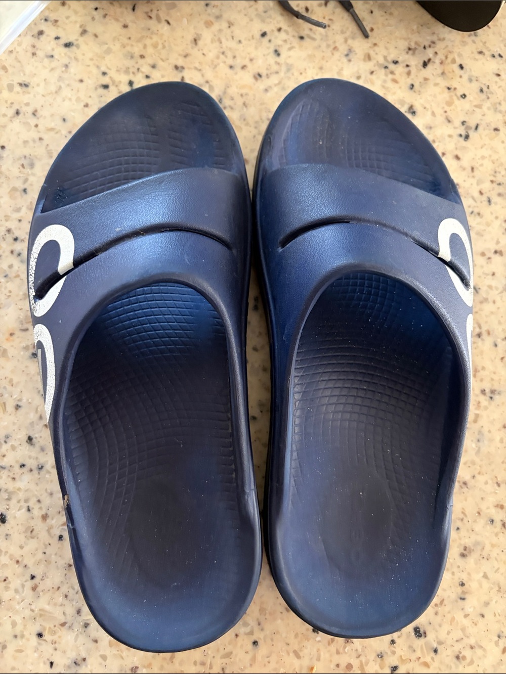 OOFOS Navy Blue Slide Sandals with White Logo